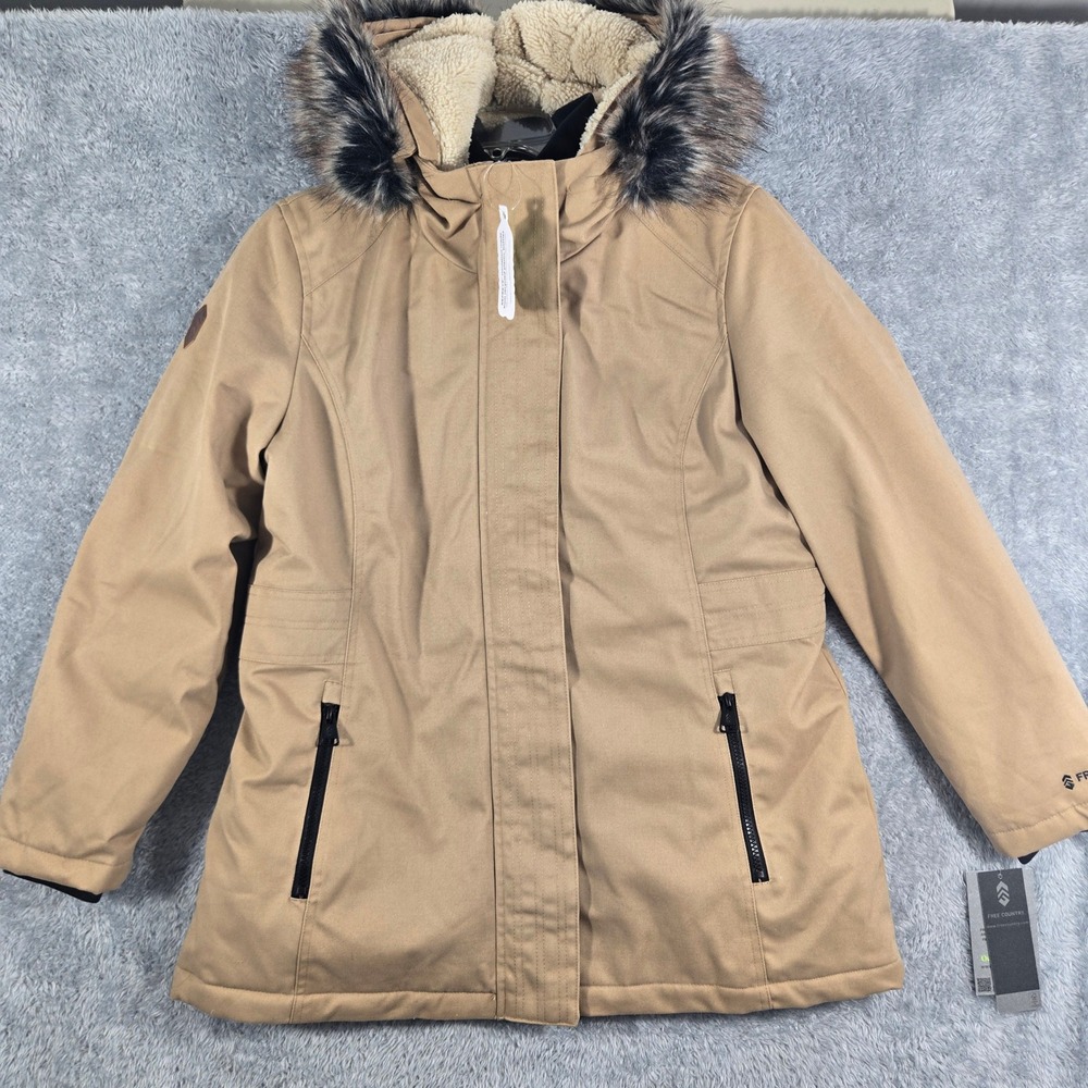 Free Country Sahara Tan Parka Faux Fur Hood Jacket 331LOF5244 Womens Large NEW